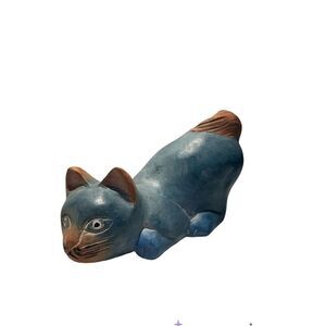 Wooden Cat Figurine Hand Carved Sculpture Made in Thailand